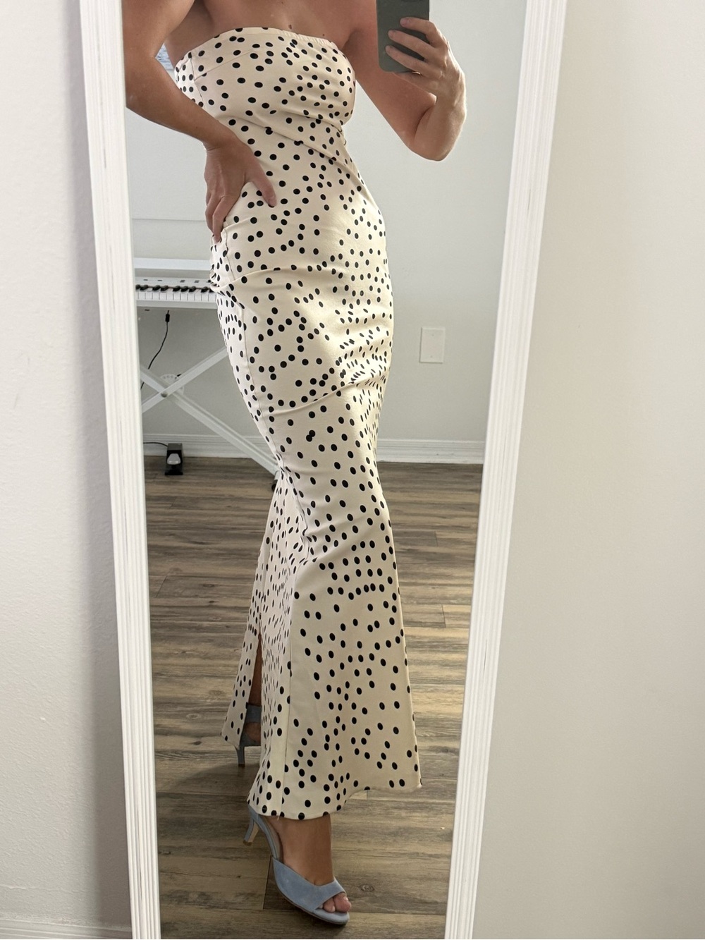 NWT MESHKI Claudette Strapless Satin Maxi Dress Polka Dot Print, Size S
